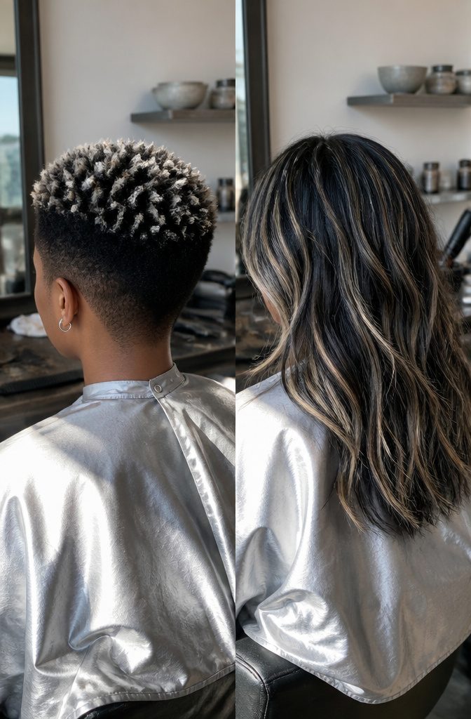 Short black hair with pale tips on a textured top
