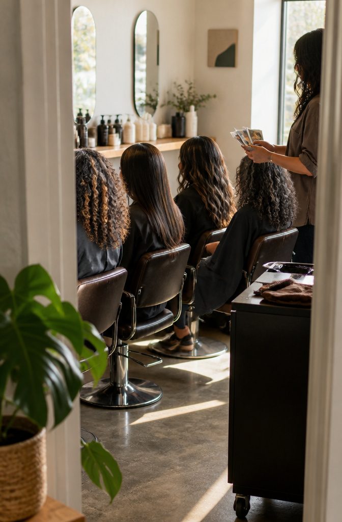Four black haired clients with frosted pieces across different hair textures