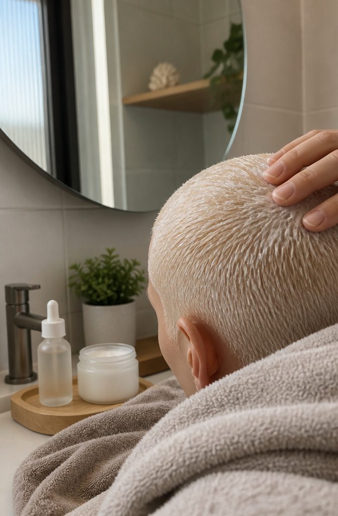Deep-conditioning mask coating a short bleached buzz cut beside a jar and towel