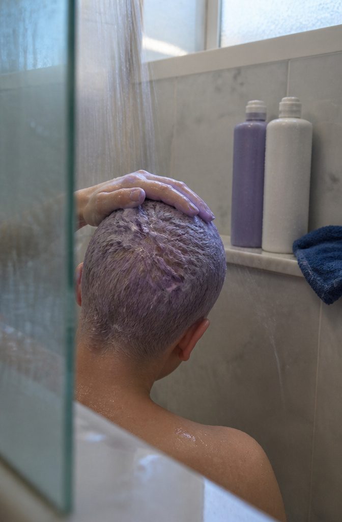 Purple shampoo beside a short bleached buzz cut