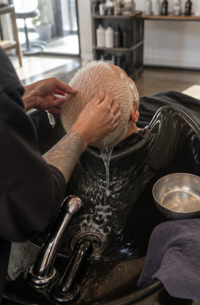 Short bleached hair under running water at a sink