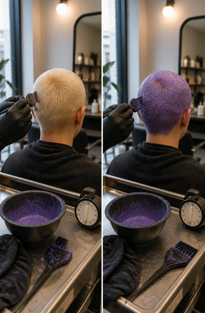 Purple toner spread across short bleached hair
