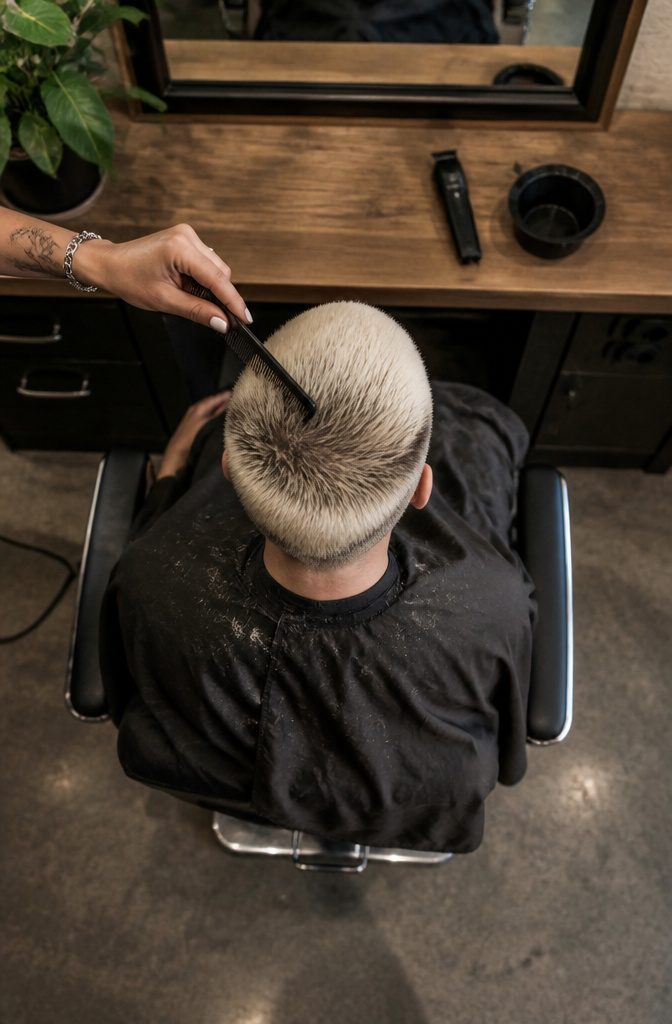 Bleached buzz cut with dark roots showing through the pale hair