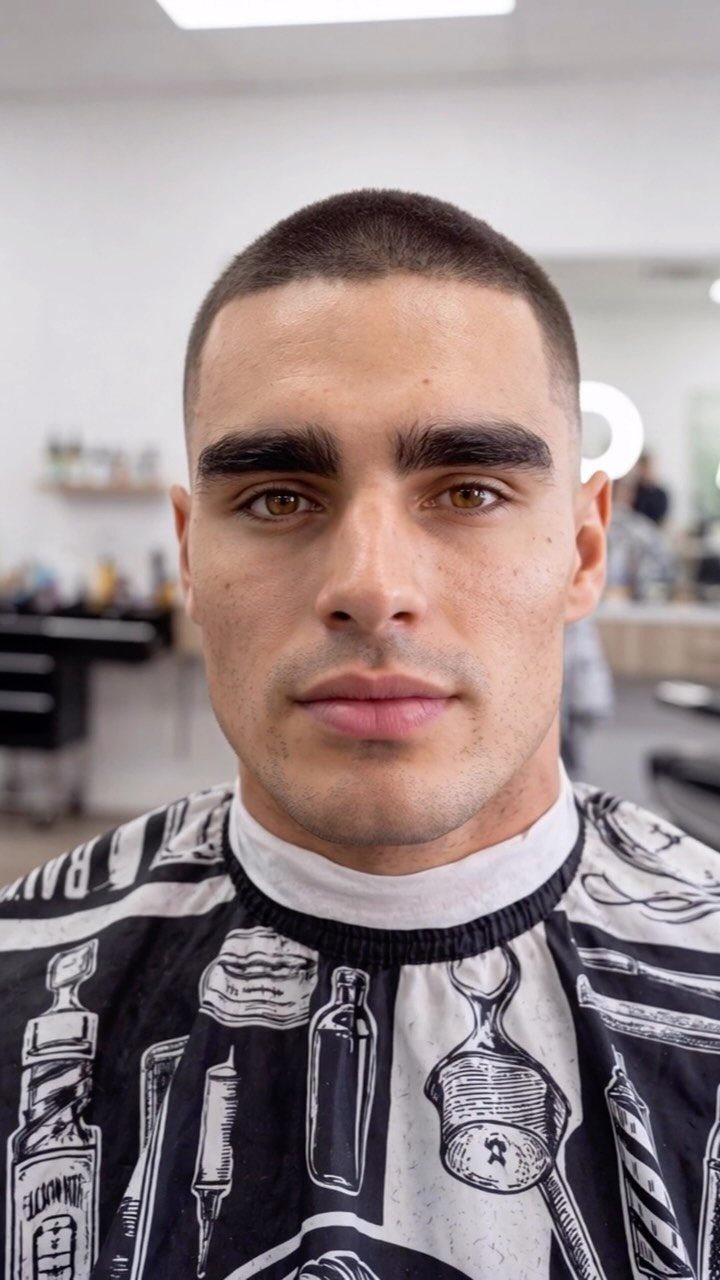 Man with a short buzz cut fade wearing a barber's cape in a shop.