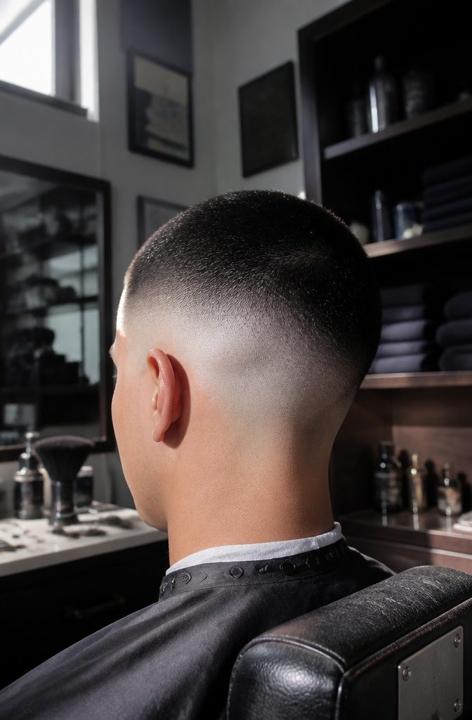 High fade haircut with short top and closely trimmed temple area