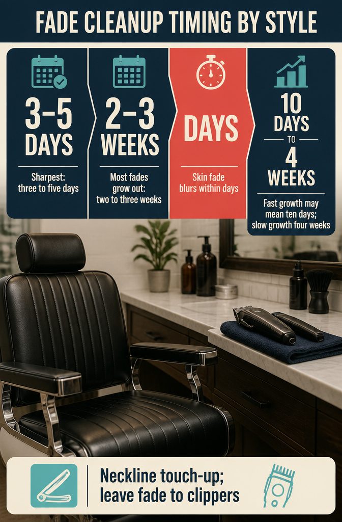 Fade cleanup timing chart comparing low mid and skin fade schedules