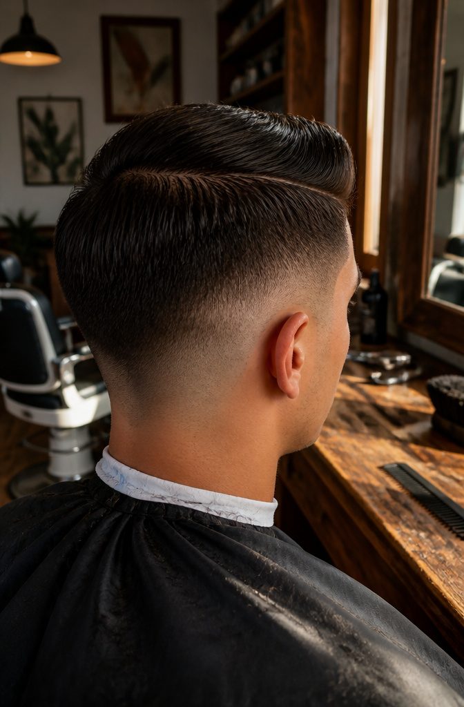 Low fade haircut with blend beginning just above the ear