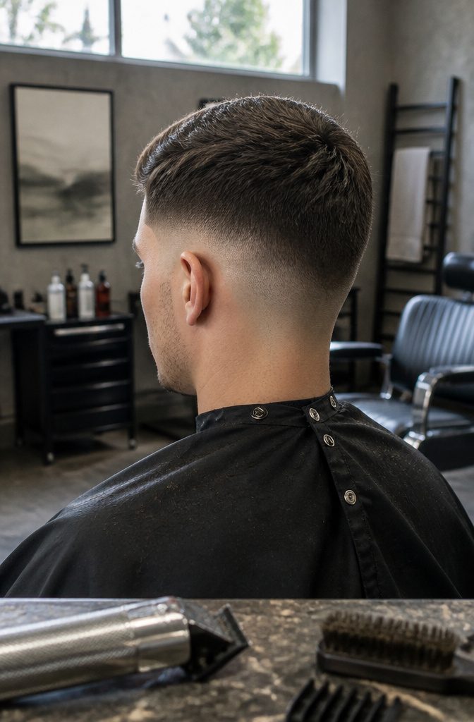 Mid fade haircut with temple blend and textured hair on top