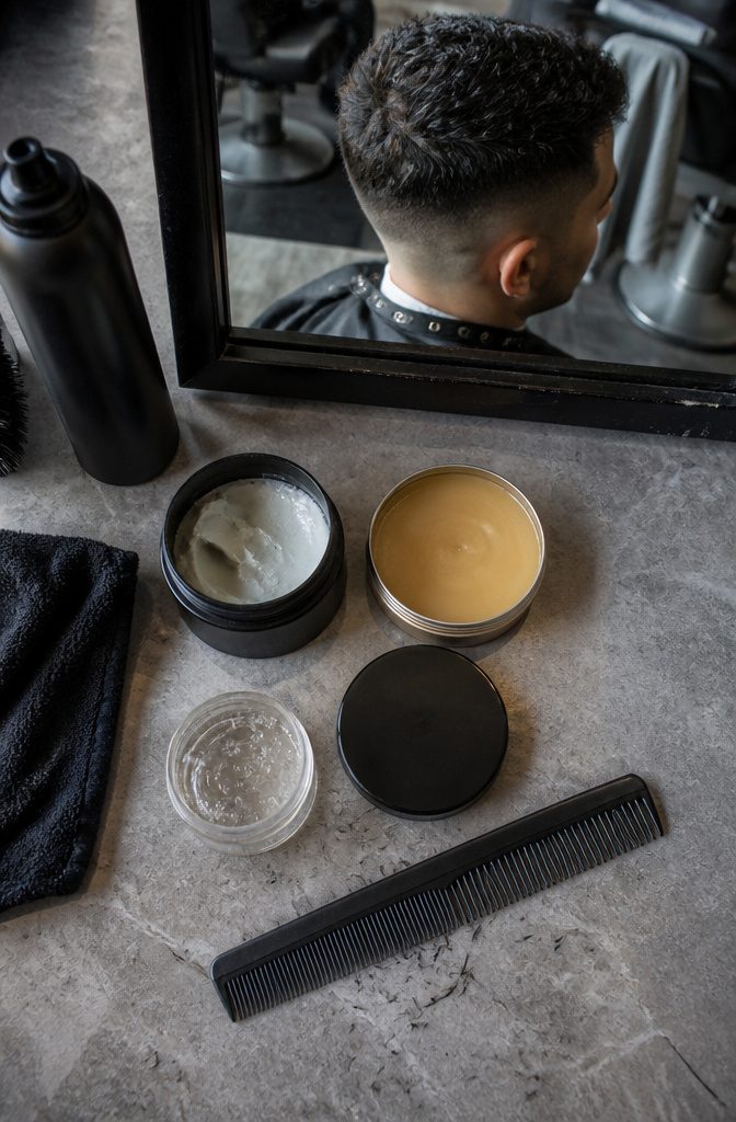 Hair styling products beside fade haircut with textured top