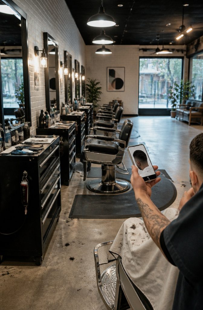 Client showing barber a reference photo for a fade haircut