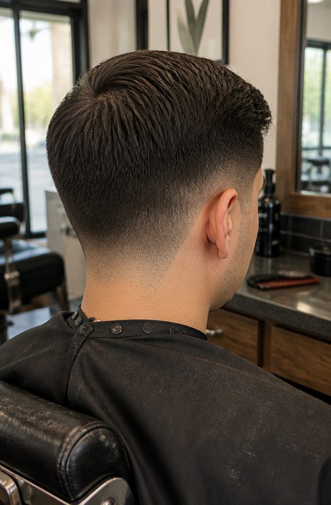 Taper fade haircut with gradual shortening around ears and neckline