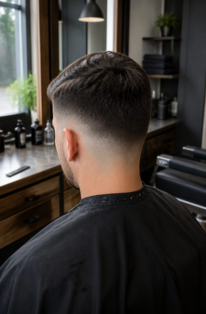 Haircut with longer crown hair blending into shorter sides and nape