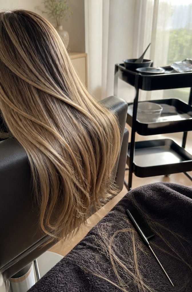 Long dark blonde hair with fine scattered highlights over a salon chair