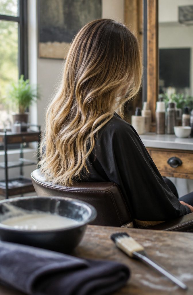 Long hair with dark roots fading gradually into lighter ends