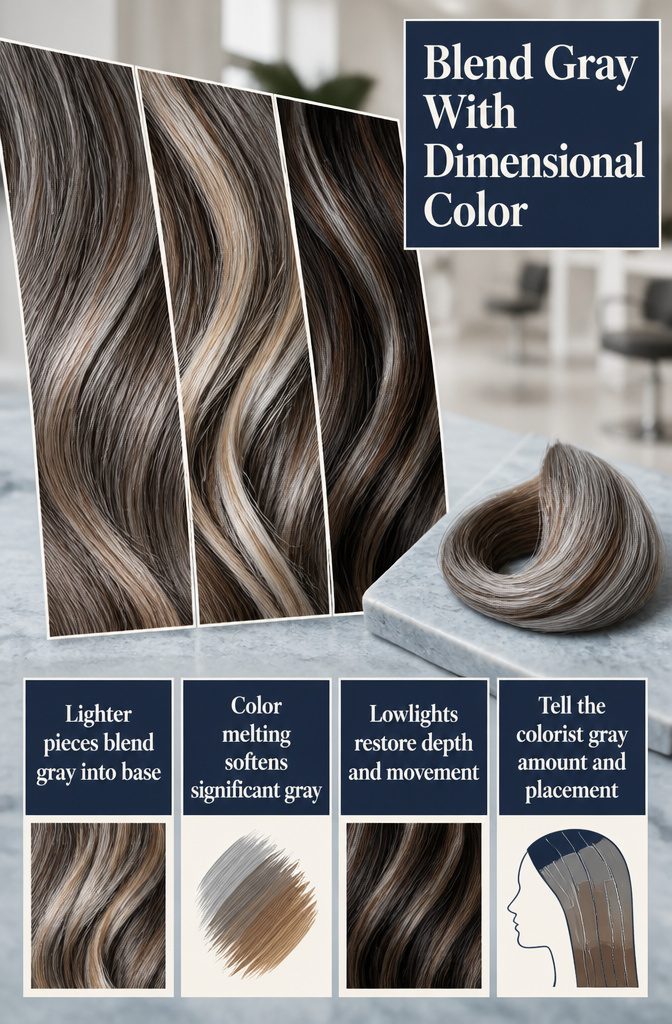 Graphic illustrating gray hair blended with color and darker strands