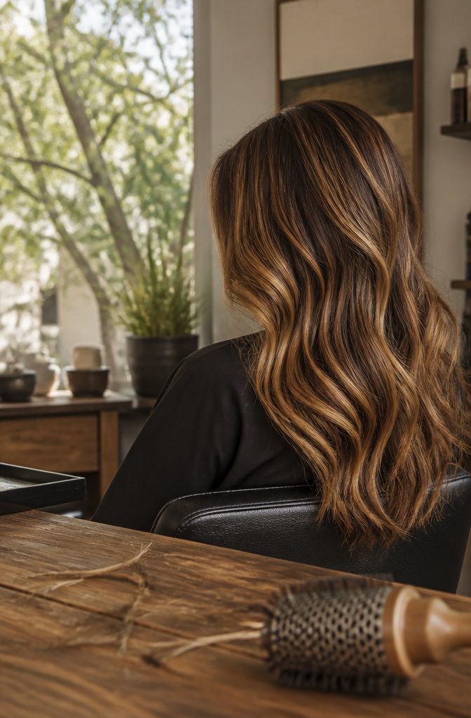 Medium brown waves with golden caramel strands over one shoulder