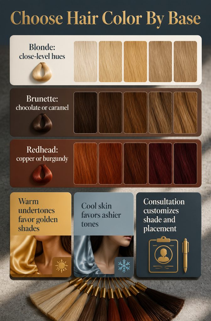 Graphic showing hair base colors paired with blonde brunette and red shades