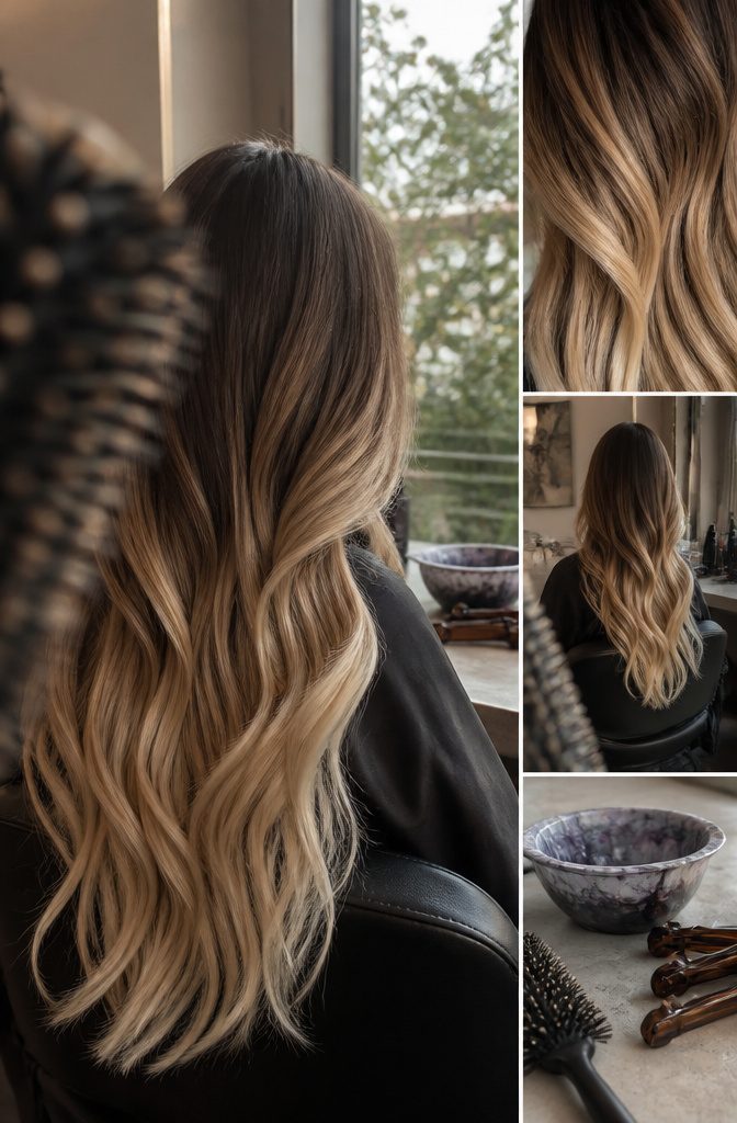 Hair showing a smooth gradient from dark roots through several lighter shades