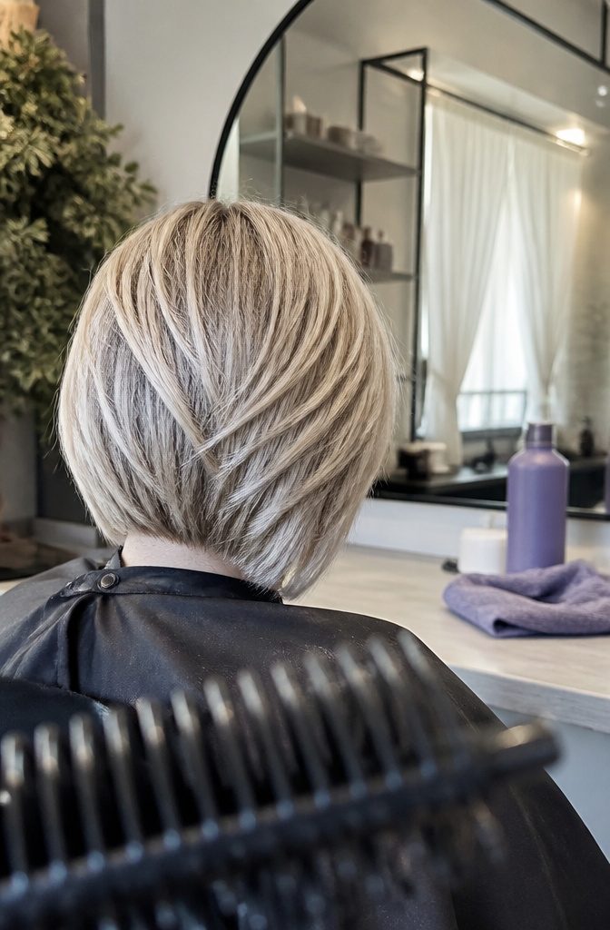 Short textured hair layered with silver ash and platinum tones