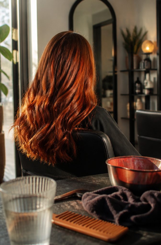 Long waves with bright copper over a deep auburn red brown base