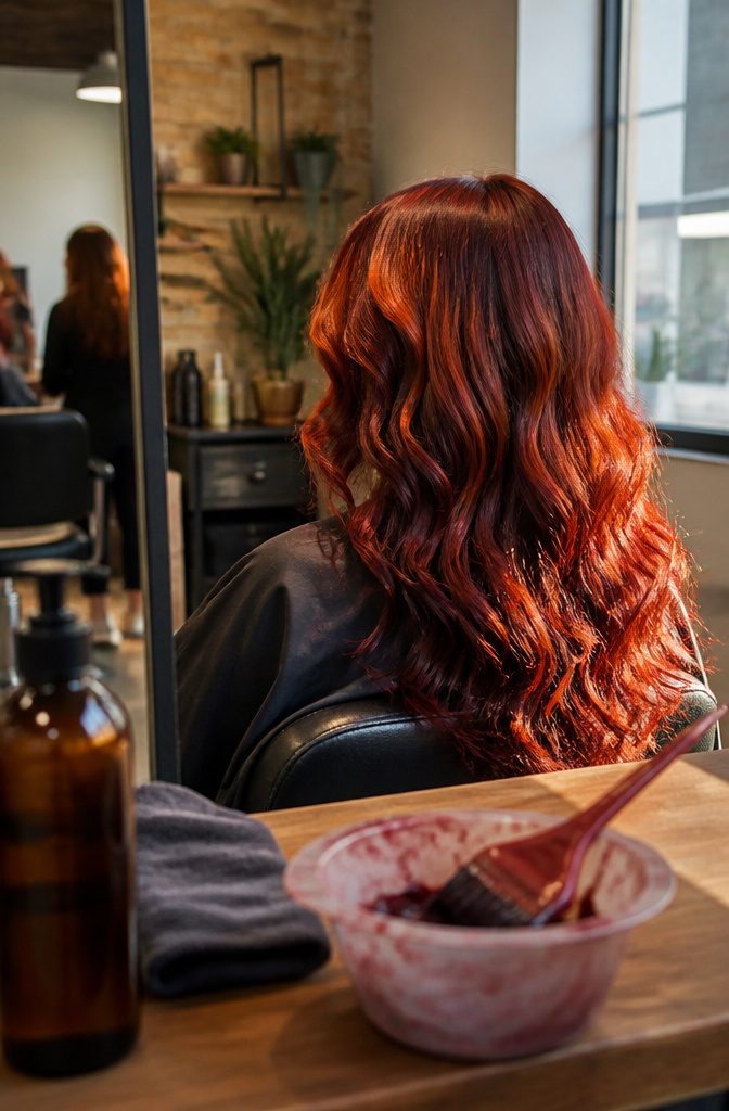 Wavy red hair with burgundy lowlights and copper golden red sections