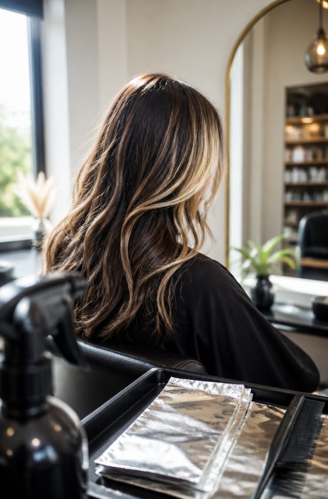 Hair with lighter highlights placed around the face
