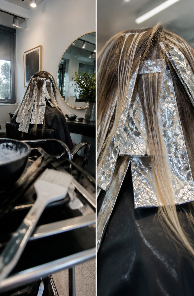 Hair sections painted with lightener and wrapped in foils