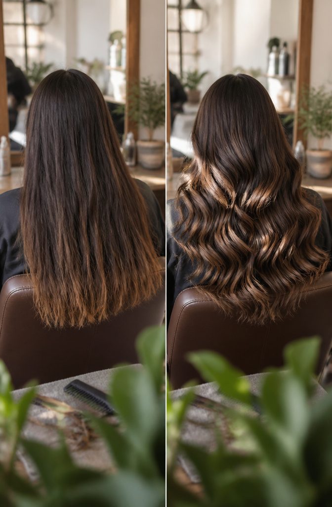 Brunette curls and waves with lighter and darker shades