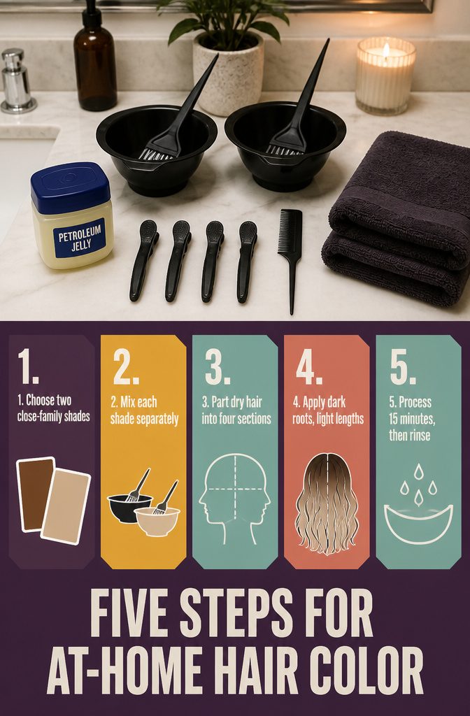 Instructional graphic with five steps for sectioning and coloring hair