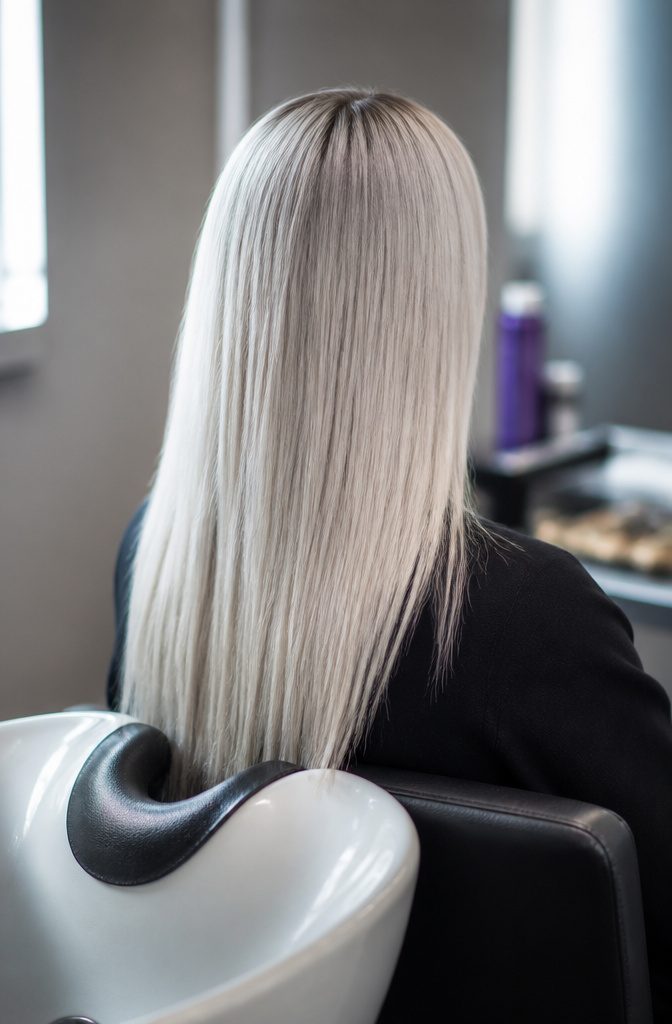 Icy platinum blonde hair with a reflective metallic appearance