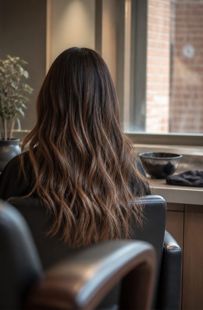 Long wavy hair with a smooth gradient of warm and cool brown shades