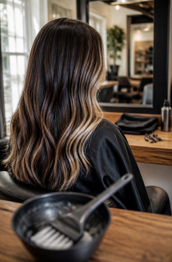 Hair with bright face-framing sections against a darker base