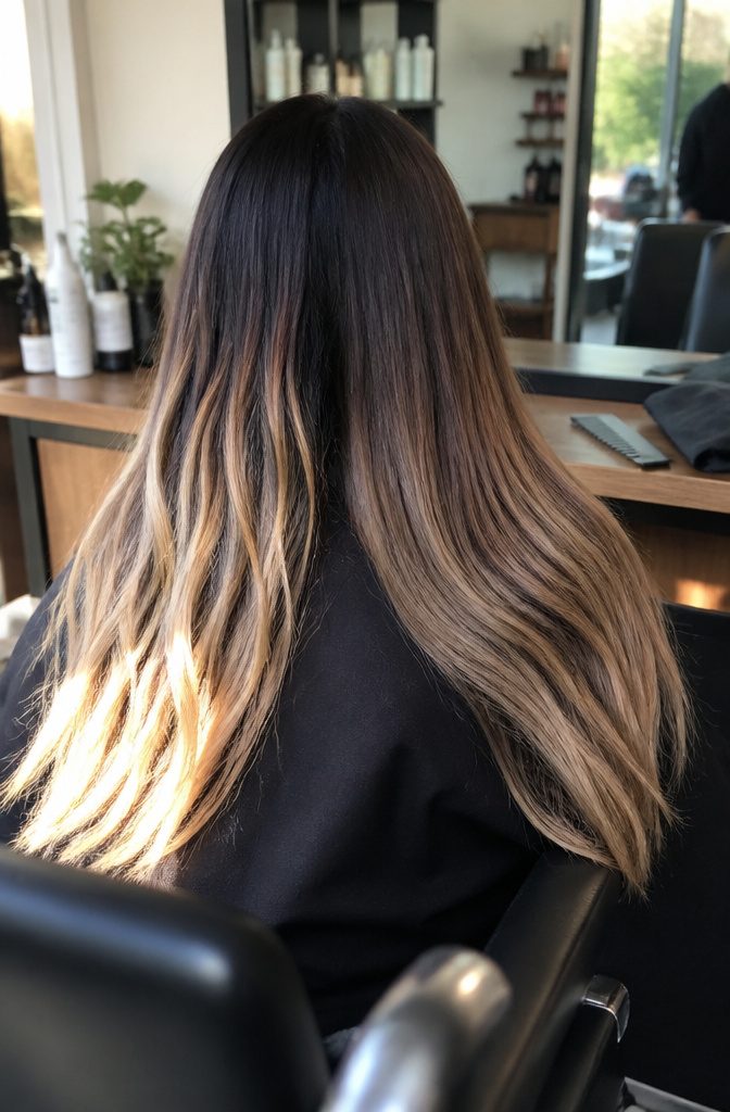 Two sections of long hair comparing strong and soft root to end gradients