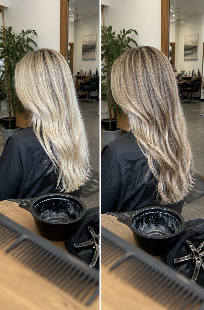 Lightened hair with darker pieces woven through the blonde