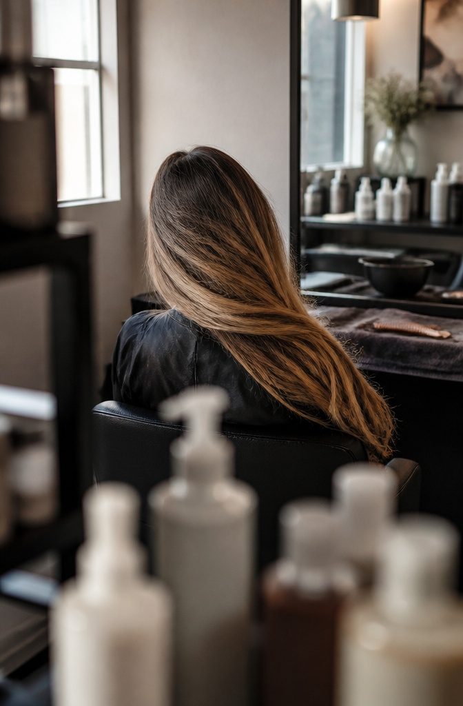 Long highlighted hair with a dark brown root blending into lighter lengths