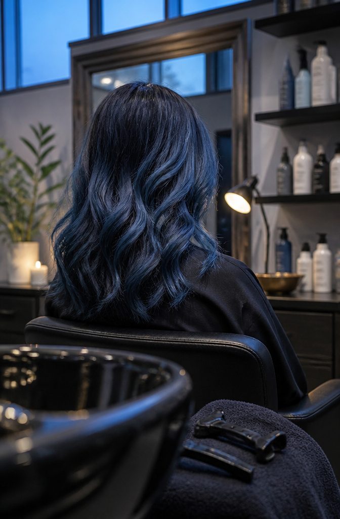 Hair colored with dark and light blue tones