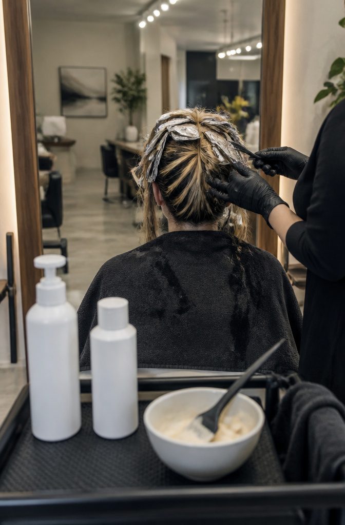 Hair gathered at the back with foils and fine highlighted sections