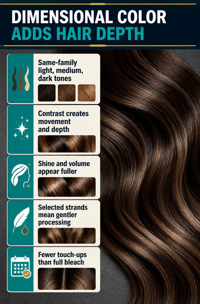 Graphic with dark medium and light hair tones illustrating color depth