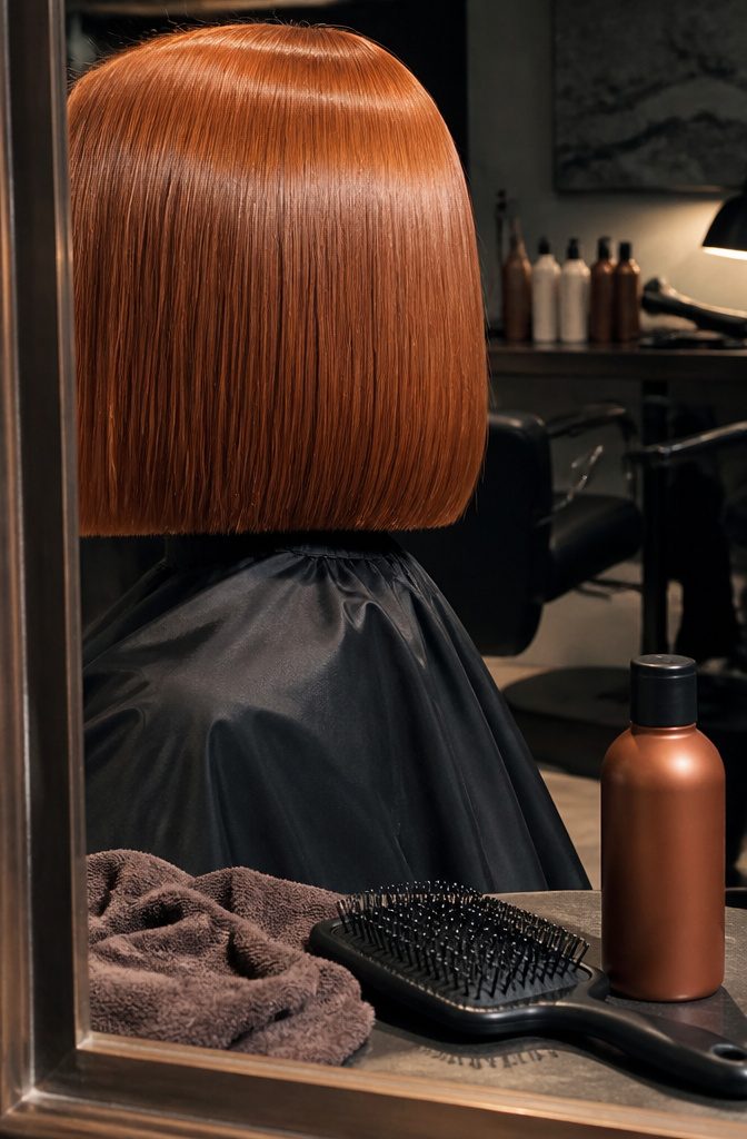 Smooth blunt copper bob falling between chin and collarbone
