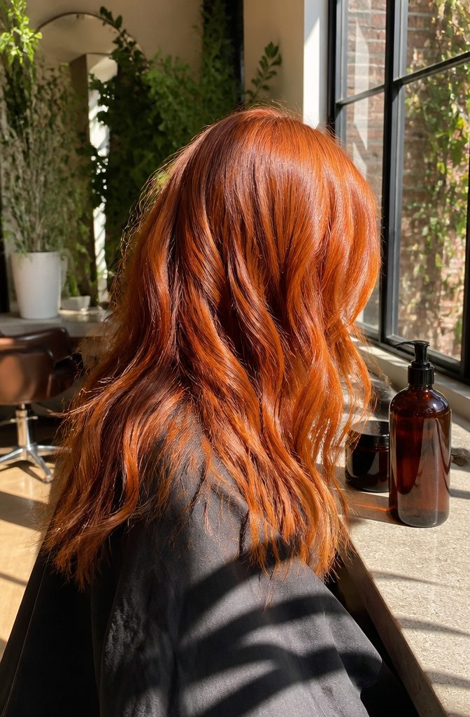 Loose bright copper waves with auburn lowlights underneath