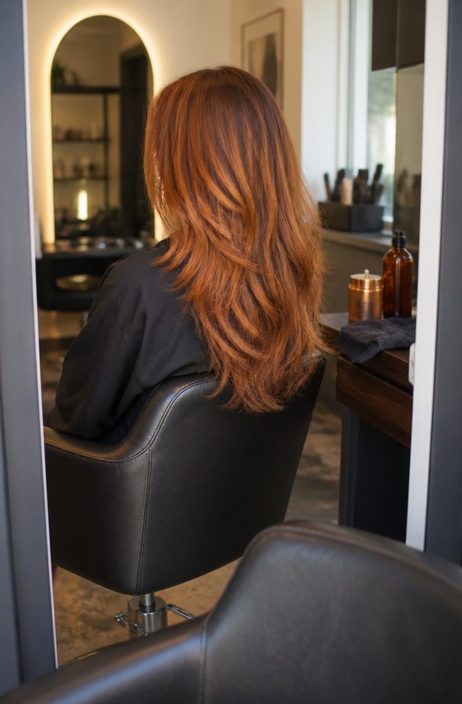 Long copper hair viewed from behind with layers below the chin
