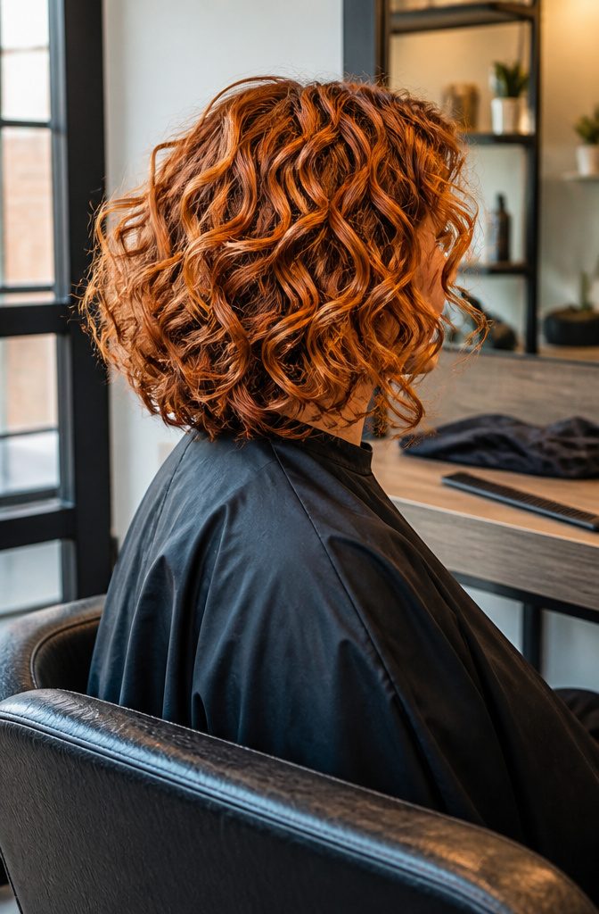 Voluminous curly bob with bright copper curls around the face