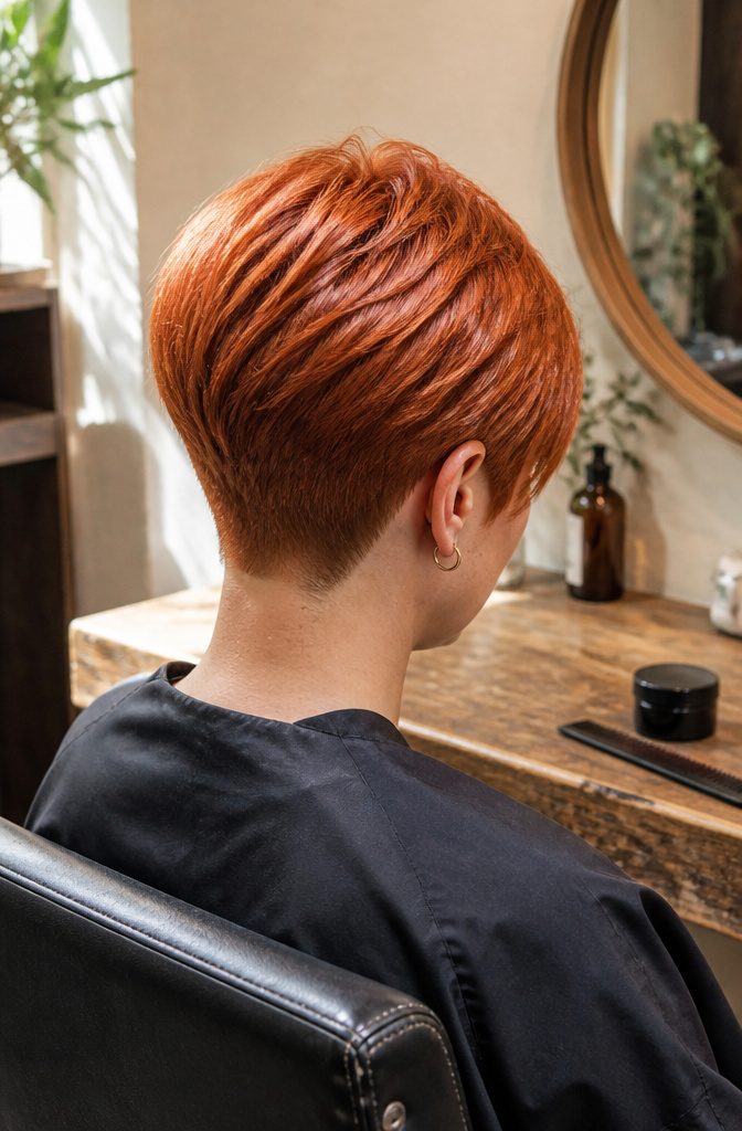 Short copper pixie with tapered sides and a glossy finish