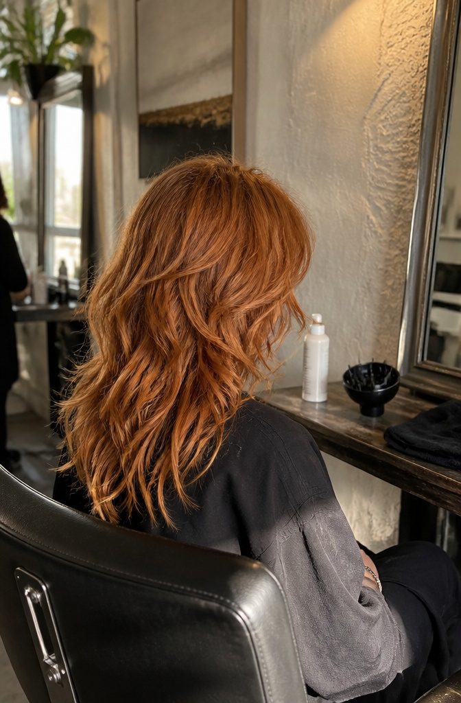 Copper shag haircut with choppy layers and parted curtain bangs