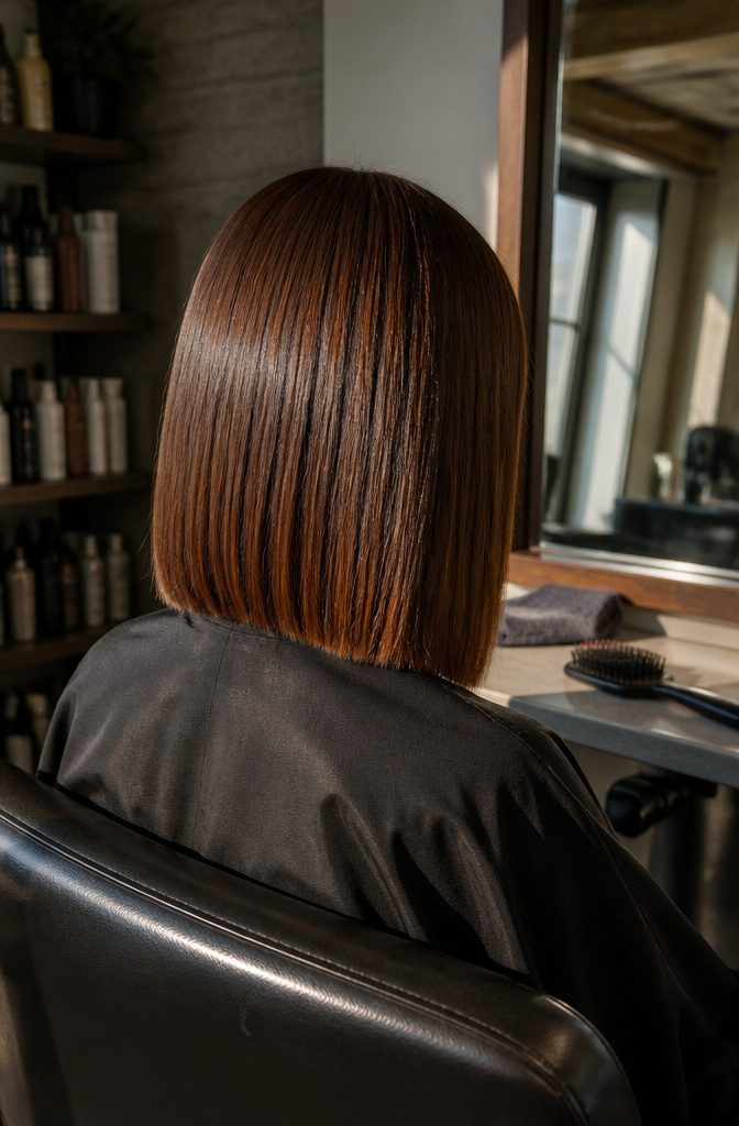Sleek long bob in deep copper brown with a blunt edge