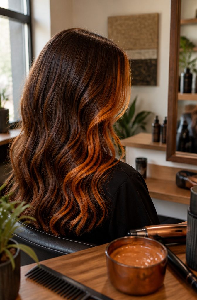 Two bright copper face-framing highlights against darker hair