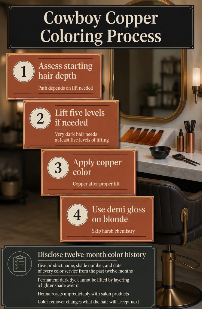 Cowboy Copper Coloring Process graphic with beauty coloring information