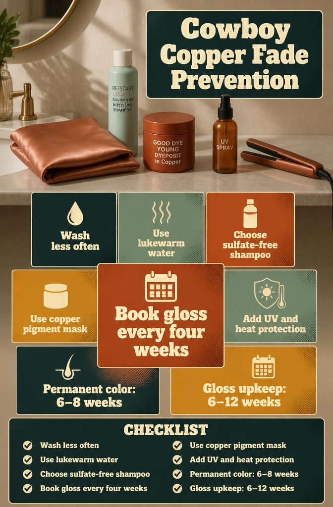 Cowboy Copper Fade Prevention graphic with hair care information