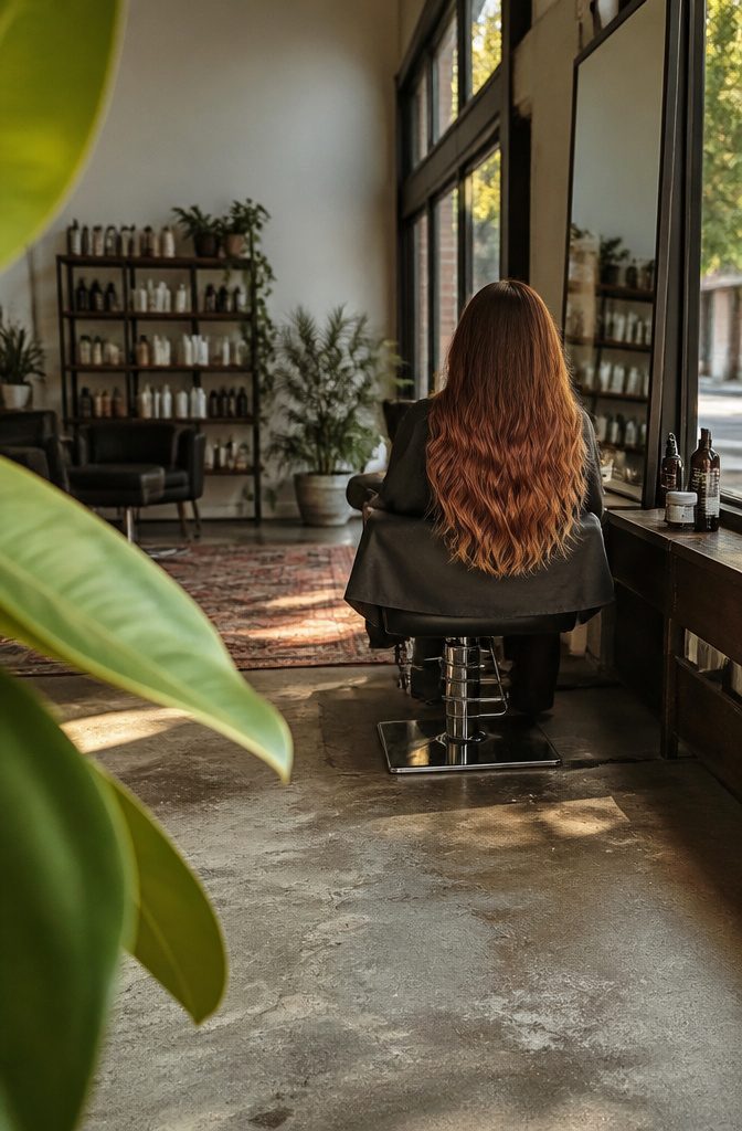Hair with chestnut roots fading into copper ends