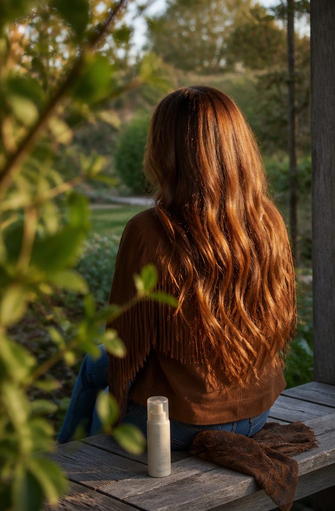 Long copper hair with fine golden-copper ribbons outdoors